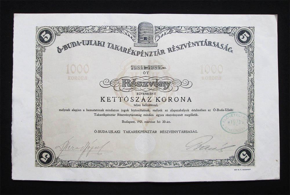 Óbuda-Újlaki Takarékpénztár részvény 5 x 200 korona 1921